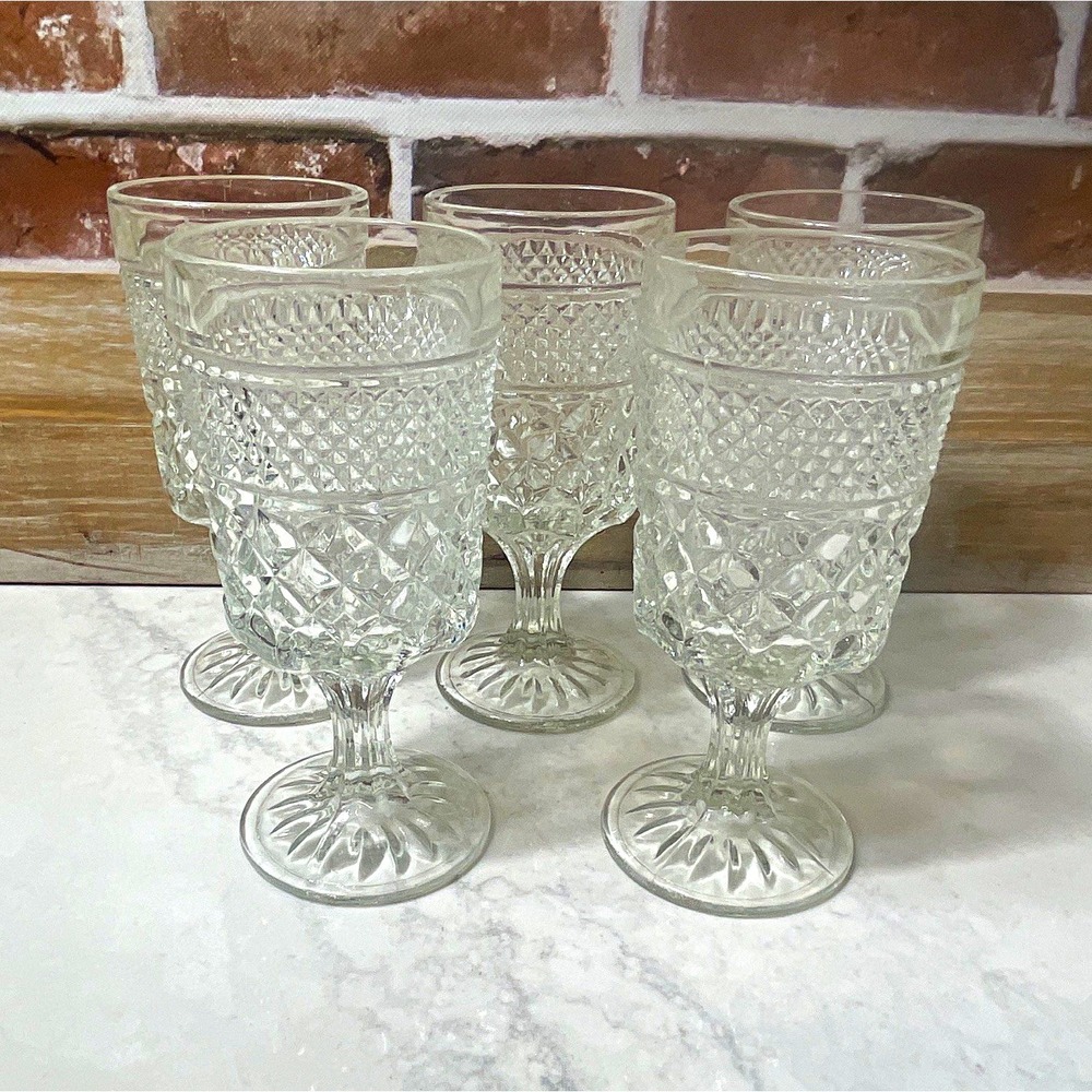 Vintage Clear Pressed Glass Goblets Set of 5, Diamond Floral Pattern, 3 oz